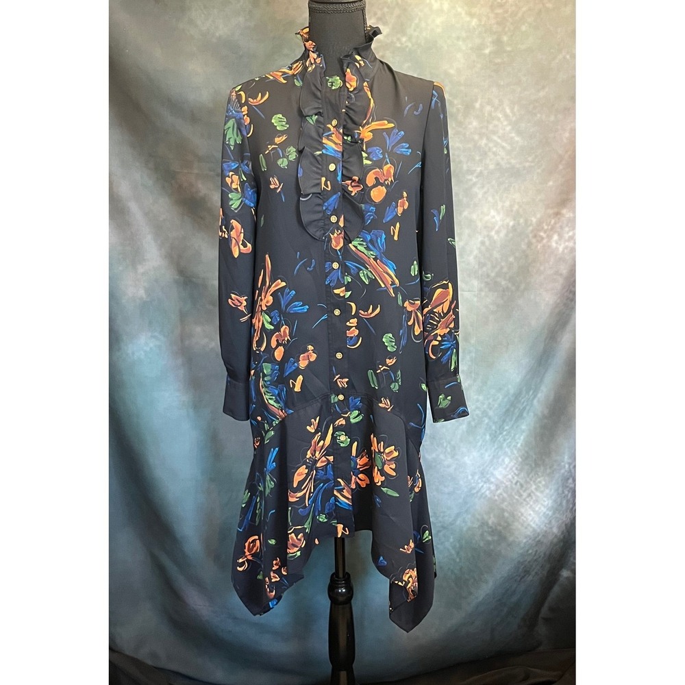 Tory Burch Cora Asymmetrical Hem Floral Print Ruffle Neck Midi Dress Size 2